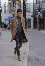 For the cool, rainier days, i bought the waterproof wool mac coat from banana republic that sold out within like days of its release. Topher Park Banana Republic Wool Blend Topcoat In Came Banana Republic Italian Merino Turtleneck Black Ripped Jeans Brown Suede Chelsea Boots Black And Navy