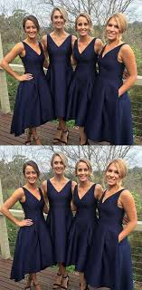 Elegant A Line V Neck Open Back Satin Navy Tea Length Bridesmaid Dresses With Pockets Under 100 Bridesmaid Dresses Short Navy High Low Bridesmaid Dresses Blue Bridesmaid Dresses Short