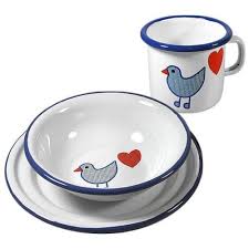 Email Emaille Set Kinder Geschirr Kinderbecher Kinderteller Herz Vogel Royalblau Kinder Geschirr Emaille Geschirr Geschirr