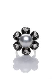 Black And White Pearl Ring With Diamonds Pearl Blossom Australian South Sea Pearl Ring With Black And White Diamonds Black Diamond Jewelry White Pearl Jewelry Weird Jewelry