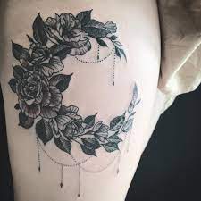 Roses Crescent Moon Roses Tattoo On A Thigh Black And Grey With Dot Work Tattoos Rose Tattoos Moon Rose Tattoo
