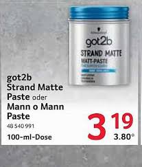 Schwarzkopf adult matte/natural look hair styling products. Got2b Strand Matte Paste Oder Mann O Mann Paste Angebot Bei Selgros