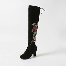 Wmns Chunky Heeled Boots Large Rose Embroidery Cinch Tie