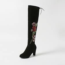 wmns chunky heeled boots large rose embroidery cinch tie