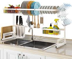 Stainless steel kitchen sink rack dish organizer utensils storage supplies. Buy Slenpet Over The Sink Dish Drying Rack Adjustable 33 41 Large Dish Drainer Kitchen Supplies Shelf With Utensil Holder And 5 Hooks Sturdy Stainless Steel Space Save Rack For Counter Storage