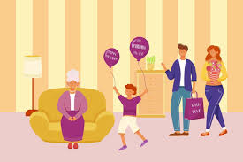 família celebração vovó aniversário plana ilustração vetorial. feliz festa  de feriado. para a vovó com amor. filhos adultos e neto parabenizam a avó  com personagens de desenhos animados de aniversário 4449598 Vetor