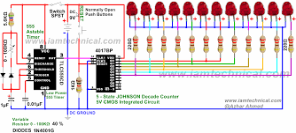 A cd4017 counter ic is also connected with this circuit for lighting leds. Two Way 12 Led S Running Lights Using 4017 And 555 Astable Timer With Variable Resistance At 40 Iamtechnical Com Circuit Diagram Electronic Schematics Timer