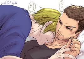 chris redfield, leon s. kennedy, resident evil, translation request, 2boys,  bara, beard stubble, blonde hair, brown hair, collarbone, dark