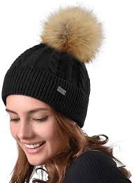 Black Beanie With Pom Pom Womens Furtalk Women Winter Pom Knit Hat Cashmere Feel Beanie Caps With Faux Fur Pom Pom For Girls Black Faux Fur Pom Pom Knitted Hats Fur Pom Pom