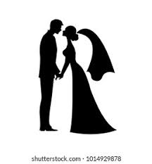 Illustration of a bride and groom wedding couple in silhouette with the bride in a white bridal dress gown holding a floral bouquet of flowers vector art, clipart and stock vectors. Bride Groom Silhouette Illustration Stock Vector Royalty Free 1014929878