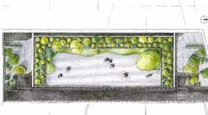 空 庭园手绘平面图最后是 空 的空间 整个空间是一个枯山水的空间 在白砂中配置了景观石 枡野老师觉得在杭州做枯山水 也最好能够吸收绿色丰富的自然景观 枯山水庭中所用到的是七块景观石都是产自京都的名石 再由来自京都的庭园施工团队配合摆放 从而完成整个