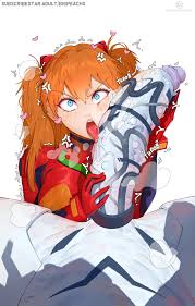 puri (wettypeach), mass production eva, souryuu asuka langley, neon genesis  evangelion, absurdres, commission, highres, 1girl, anger vein, blue eyes,  blush, bodysuit, cock ring, colored skin, fellatio, heart, hetero, huge  penis, interspecies, licking,