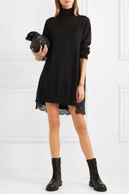 Black Lace Trimmed Wool Turtleneck Mini Dress Sacai Wool Turtleneck Turtle Neck Dress Dresses
