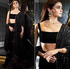 Alia Bhatt In A Black Floral Embroidered Lehenga By Bhumika Indian Outfits Lehenga Black Lehenga Indian Designer Outfits