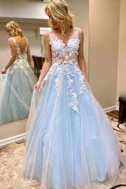 Light Sky Blue Long Prom Dresses Tulle V Neck Graduation Dresses With Lace Appliques Po423 Prom Dresses Long Homecoming Dresses Tight Long Black Evening Dress