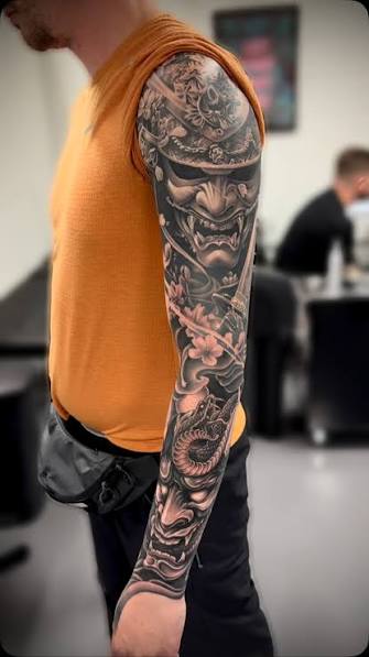 @caetanotattoo_ Finished this incredible Japanese mask project. No filter, Forearm (lower part): Fresh, From shoulder to elbow: Fully healed, Done in black and white and black and grey., Thank you for ...