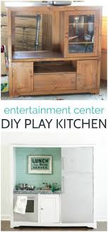 Turn an entertainment center into a fun, unique kids kitchen! Diy Play Kitchen From An Entertainment Center Lovely Etc
