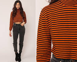 Black And White Striped Long Sleeve Shirt Turtleneck Crop Top Retro Shirt 70s Striped Turtleneck Long Sleeve Shirt Orange Tee Black Nerd Geek Hipster Tshirt Crop Retro Shirts Striped Turtleneck Long Sleeve Shirts