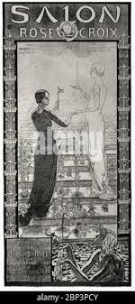 Das Plakat für die erste "Salon Rose+Croix" von Carlos Schwabe (1866-1926),  einem Schweizer Symbolisten, ist ein wichtiges symbolisches Werk der  idealistischen neuen Kunst. Nach dem Kunststudium in Genf zog Schwabe nach  Paris