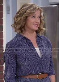 Vanessa S Navy Blue Dotted Print Shirtdress On Last Man Standing Nancy Travis Last Man Standing Hairstyles With Bangs