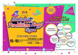 .maklumat mengenai peluang pendidikan tinggi yang ditawarkan oleh universiti awam (ua), politeknik, kolej komuniti, institusi latihan kemahiran awam (ilka), ipts dan institusi lain kepada pengunjung karnival yang terdiri daripada pelajar sekolah, guru, ibu bapa serta masyarakat setempat. Penerbit Unimap On Twitter Karnival Pendidikan Tinggi Negara Zon Mini Utara 18 19 Februari 2017 Dewan Ilmu Unimap Semua Dijemput Hadir