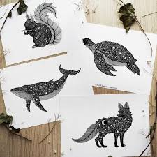 Set Of 4 Nursery Print Squirrel Whale Fox Sea Turtle Etsy Ink Illustrations Illustration Nursery Prints