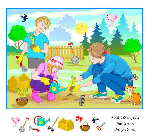 Juego De Rompecabezas Lógico Para Niños. Buscar 10 Objetos Ocultos En La Imagen. Niños Trabajando En El Jardín De Primavera. Págin Ilustración del Vector - Ilustración de cabritos, cerebro: 268365394