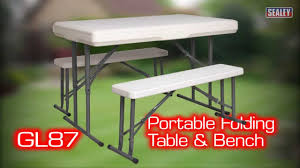 Wooden outdoor folding patio camping picnic table set with 2 included benches and a durable sturdy material. Sealey Gl87 Portable Folding Table Bench Set Youtube