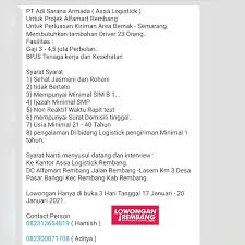 Check spelling or type a new query. Lowongan Kerja Driver Supir Assa Logistik Penempatan Dc Alfamart Rembang Lowongan Rembang