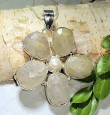 Natural Tumble Stones Rutilated Quartz & Pearl Flower .925 Sterling Silver  Pendant Measures 2 1/4 X 1 7/8 31 Grams J12