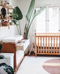 Lovely Nursery With White Walls Natural Wood Crib And Dresser Giant Plant In Corner Wood Shelves Above Changing Table Home Nursery Modern Wood Crib