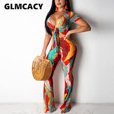 Women Summer 2 Pieces Outfits Tropical Printed Tie Front Crop Top And Wide Leg Pants Short Sleeve Sexy V Neck Boho Beachwear Buy At The Price Of 20 40 In Aliexpress Com Imall Com