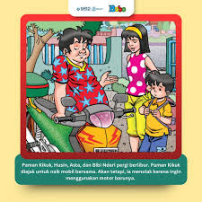 Paman Kikuk, Husin, Asta, dan Bibi Ndari pergi berlibur. Akan tetapi, Paman  Kikuk pergi sendiri menggunakan motor barunya. Kira-kira, apa, ya, yang  akan terjadi pada Paman Kikuk? Tulis jawabanmu di kolom komentar,
