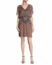 Aidan Mattox Designer V Neck Short Sleeve Beaded Blouson Cocktail Dress Designer Cocktail Dress Knee Length Cocktail Dress Short Cocktail Dress