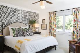 Accent Wall With Geometric Wallpaper And Colorful Drapery In Playfu Bedroom Wallpaper Accent Wall Master Bedroom Wallpaper Accent Wall Master Bedroom Wallpaper