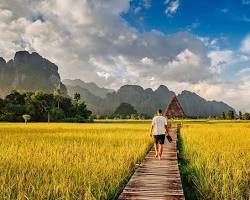 Enjoying a picnic in the Vang Vieng Rice Paddies, Laos