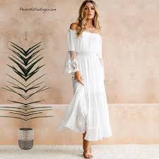 Beach Wedding Dress White Lace Bell Sleeve Off Shoulder Ankle Length Women S Dresses Festival Women Gown Gowns Women Tropical Coastal Weddings Boho Chiffon Dress Boho Dresses Long Boho Dress