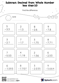 subtract decimal from whole number less than 10 vertical subtraction math worksheets splashlearn