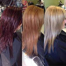 Before Middle And After Red To Blonde Hair By Trisha Red Blonde Hair Color Correction Hair Red To Blonde