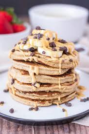 A stack of protein pancakes that have no oats, no banana, no blender needed, and they're gluten free! Peanut Butter Oatmeal Pancakes Delightfully Fluffy Delicious