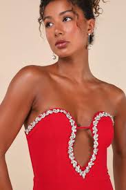 Red Strapless Tassel Dress for Women