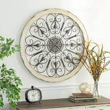 36 X 36 Large Round Distressed White Wood And Metal Wall Decor With Tudor Rose And Scrollwork Vintage Style Olivia May In 2021 Metal Wall Decor Wall Decor Wood Wall Decor