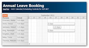 Manage staff annual leave and leave loading. Annual Leave Booking Tutorial Asp Net C Vb Sql Server Daypilot News Html5 Calendar Scheduler And Gantt Chart Web Components