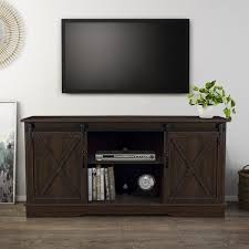 Add A Rustic Charm To A Farmhouse Style Home With This 58 Inch Sliding Barn Door Console Its Durable Lami In 2020 Solid Wood Tv Stand Barn Door Console Table Storage