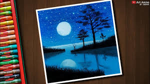 Beautiful Moonlight Landscape Drawing For Beginners With Oil Pastels Step By Step Youtube Oil Pastel Colours Soft Pastel Art Landscape Drawings