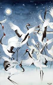Peter Collins Art Gallery Red Crowned Cranes Triptych Courtship Art Japanese Art Chinese Drawings