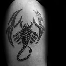Half polynesian sleeve polynesian mens scorpio tribal upper arm tattoo designs male with black ink scorpio tribal tattoo 50 Tribal Scorpion Tattoo Designs For Men Manly Ink Ideas