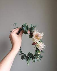 Delicate Flower Crown Of Local Grown Eucalyptus With Blushing Bride Protea Cream Flower Crown Wedding Boho Wedding Flowers Flower Crown