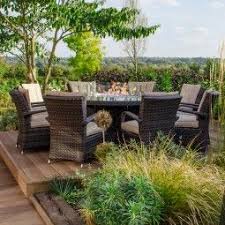 Nova Olivia Fireglow 8 Seat Rattan Dining Set 1 8m Round Gas Firepit Table Brown Rattan Garden Furniture Garden Furniture Outdoor