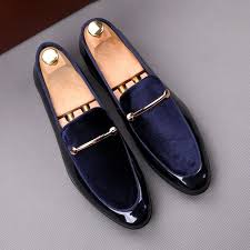 Blue Navy Patent Velvet Gold Mens Flats Loafers Dappermen Dapper Dress Shoes Loafers Men Blue Shoes Men Gentleman Shoes